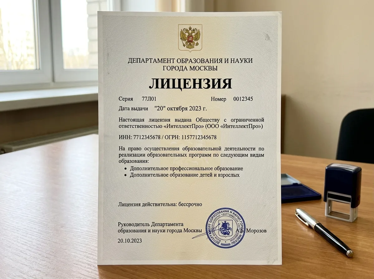 Лицензия на осуществление образовательной деятельности ООО ИнтеллектПро, выданная Департаментом образования Москвы, официальный документ с печатью
