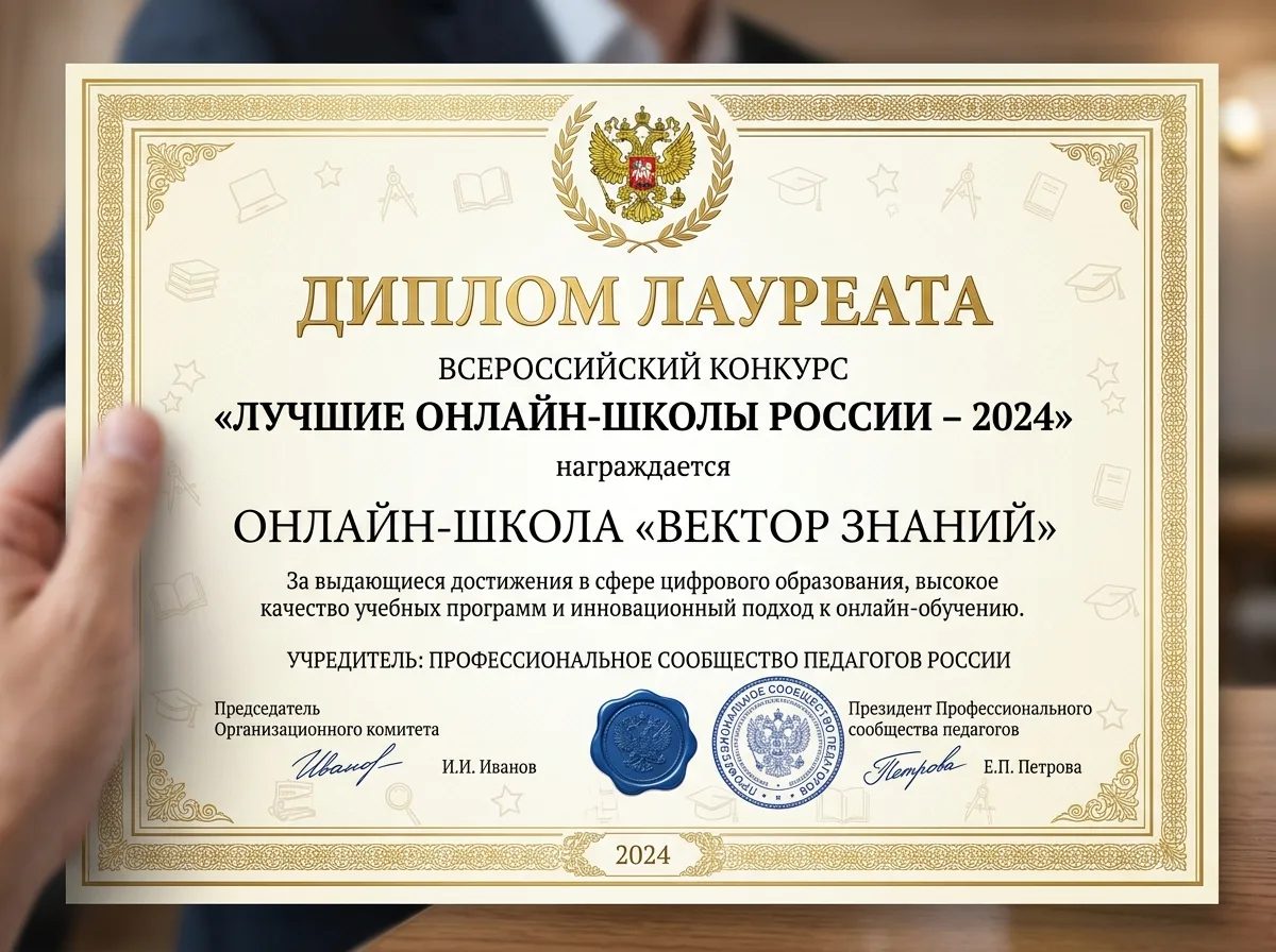 Диплом лауреата конкурса лучших онлайн-школ России, выданный профессиональным сообществом педагогов